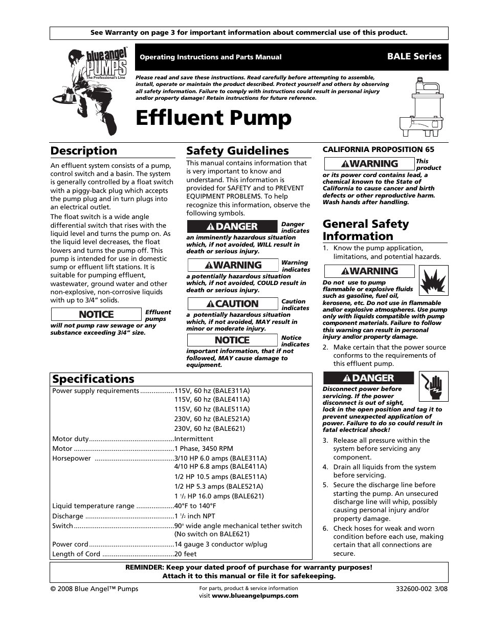 Blue Angel Pumps BALE311A User Manual | 4 pages