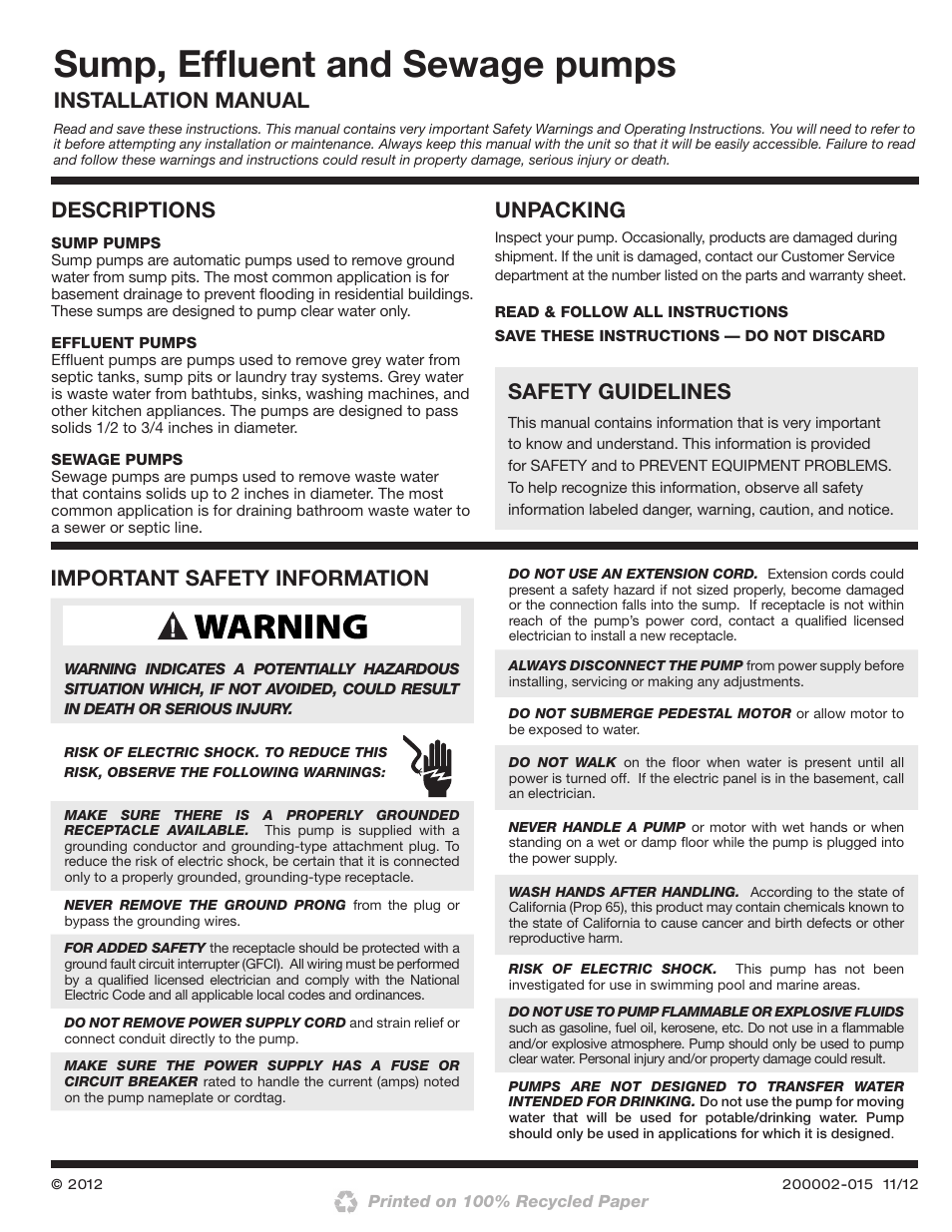 Blue Angel Pumps TEF50V User Manual | 24 pages