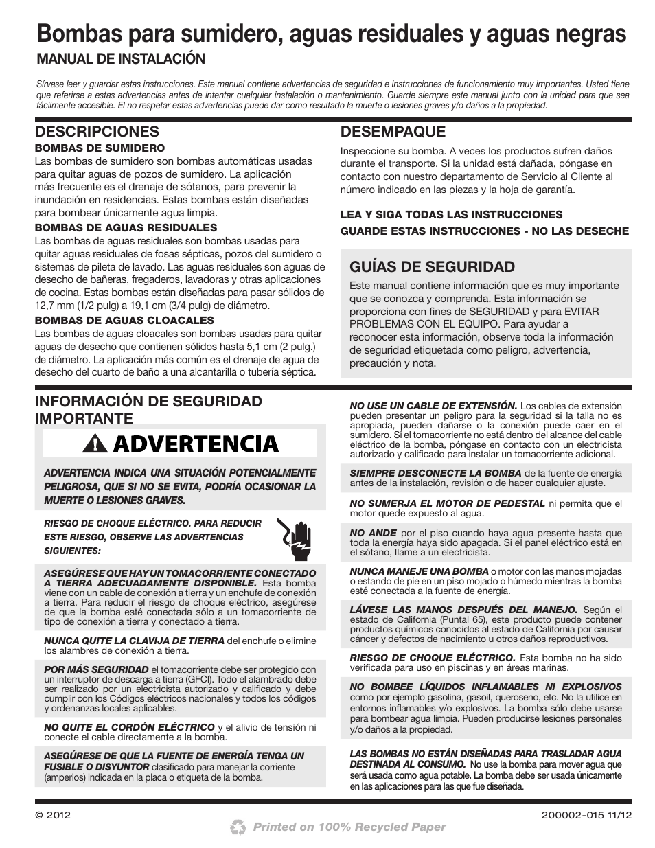 Guías de seguridad, Descripciones, Desempaque | Blue Angel Pumps TEF50V User Manual | Page 17 / 24