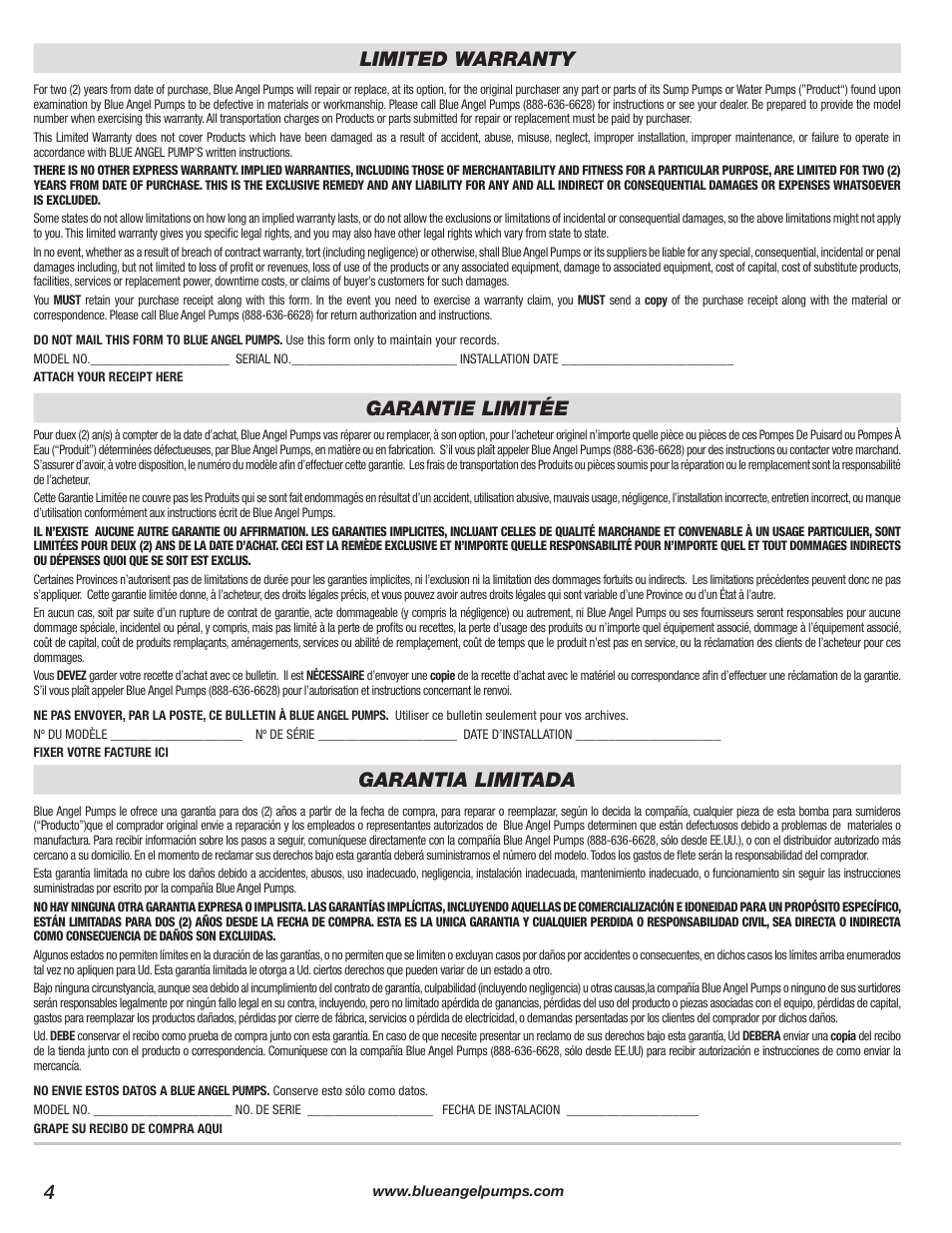 4limited warranty, Garantie limitée, Garantia limitada | Blue Angel Pumps TEF50M User Manual | Page 4 / 4