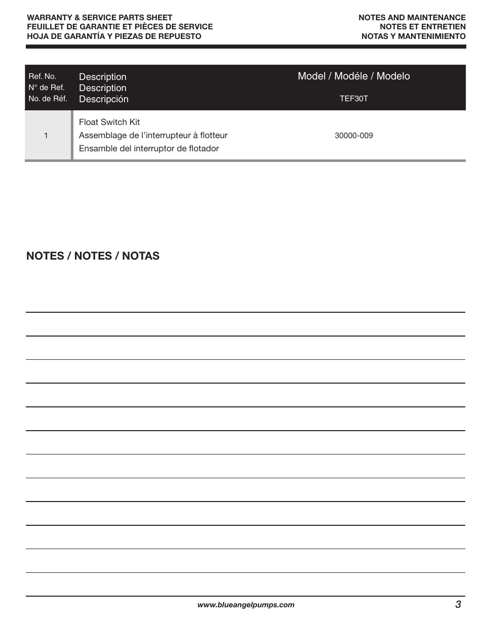 Model / modéle / modelo | Blue Angel Pumps TEF30V User Manual | Page 3 / 4