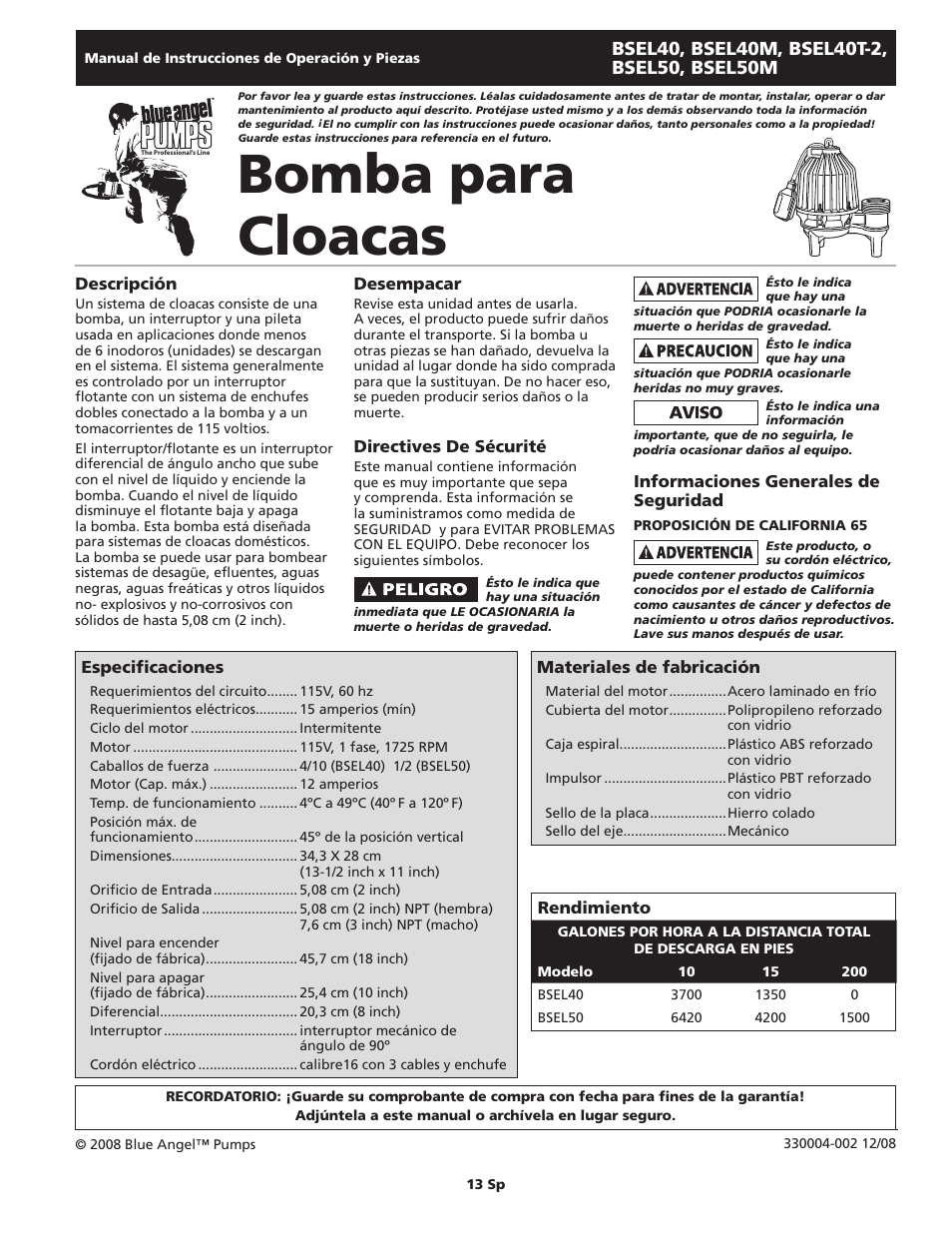 Bomba para cloacas | Blue Angel Pumps BSEL403PAS User Manual | Page 13 / 20