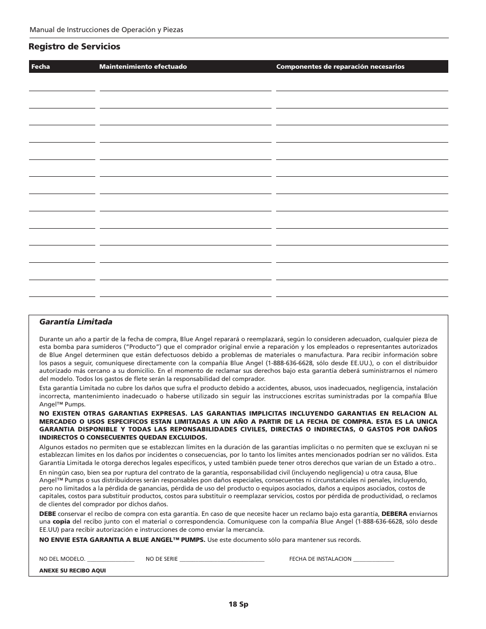 Registro de servicios | Blue Angel Pumps BSEL403PAS User Manual | Page 18 / 20