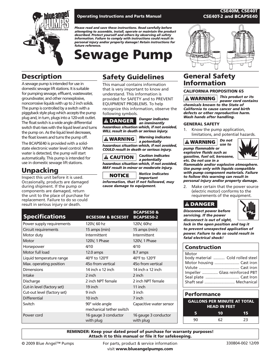 Blue Angel Pumps CSE40TODS User Manual | 20 pages