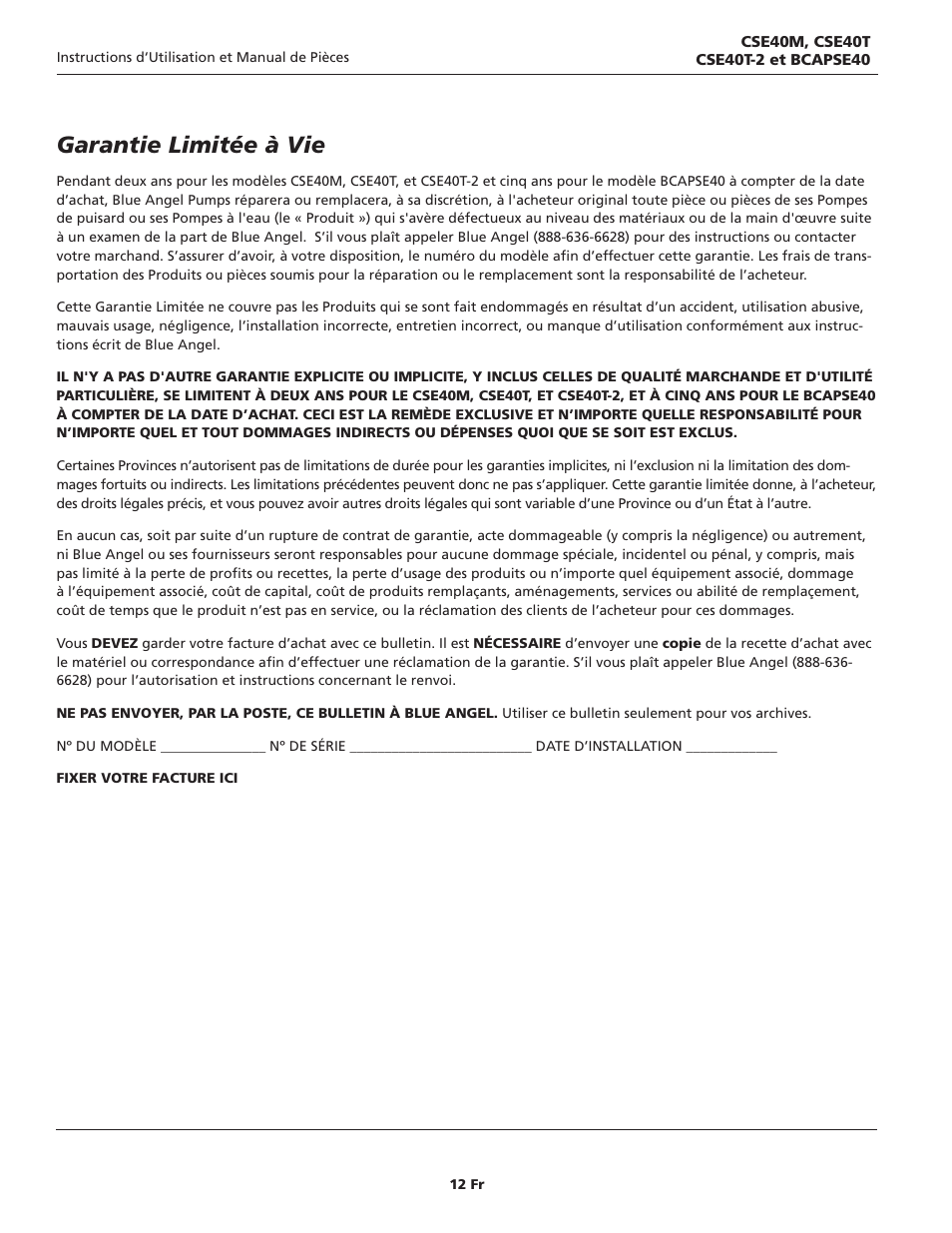 Garantie limitée à vie | Blue Angel Pumps CSE40TODS User Manual | Page 12 / 20