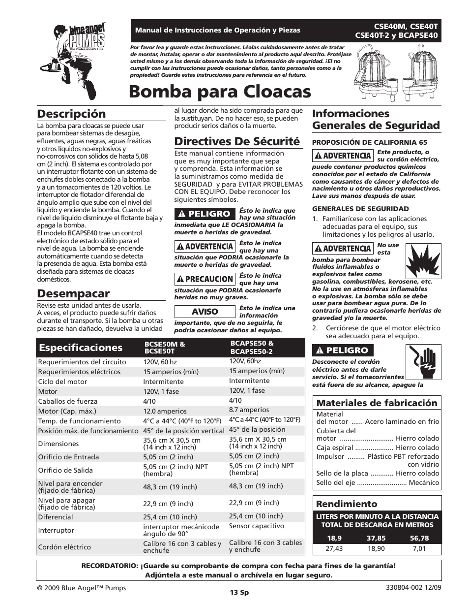 Bomba para cloacas, Descripción, Desempacar | Directives de sécurité, Informaciones generales de seguridad, Especificaciones, Rendimiento, Materiales de fabricación | Blue Angel Pumps CSE40TODS User Manual | Page 13 / 20