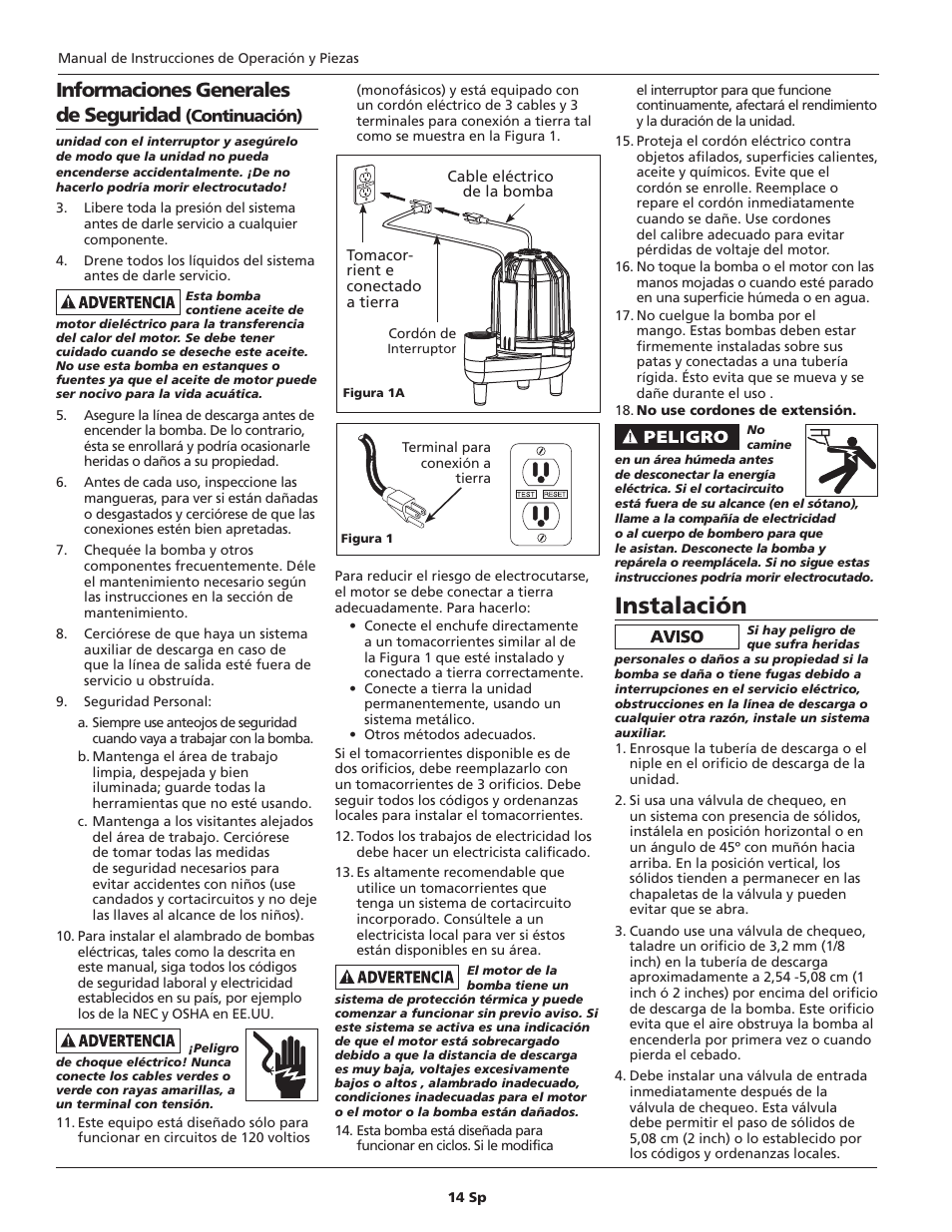 Instalación, Informaciones generales de seguridad, Continuación) | Blue Angel Pumps CSE40TODS User Manual | Page 14 / 20