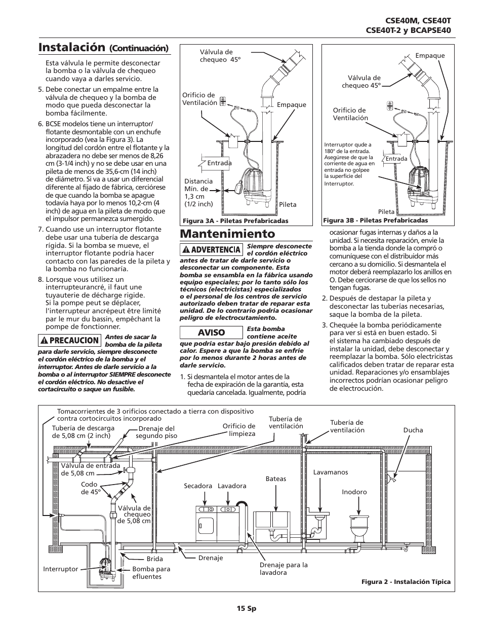 Mantenimiento, Instalación, Continuación) | Blue Angel Pumps CSE40TODS User Manual | Page 15 / 20