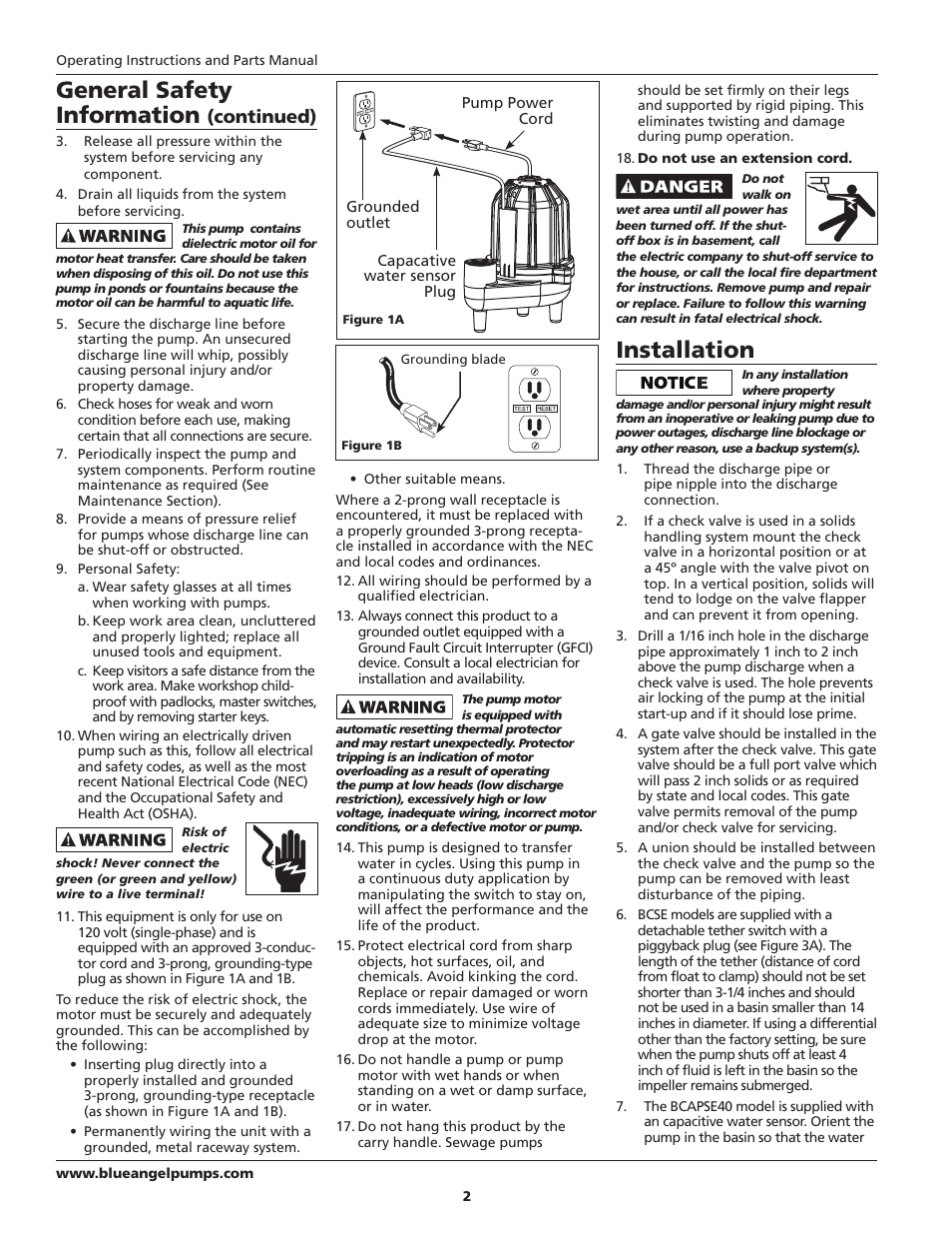 Installation, General safety information, Continued) | Blue Angel Pumps CSE40TODS User Manual | Page 2 / 20