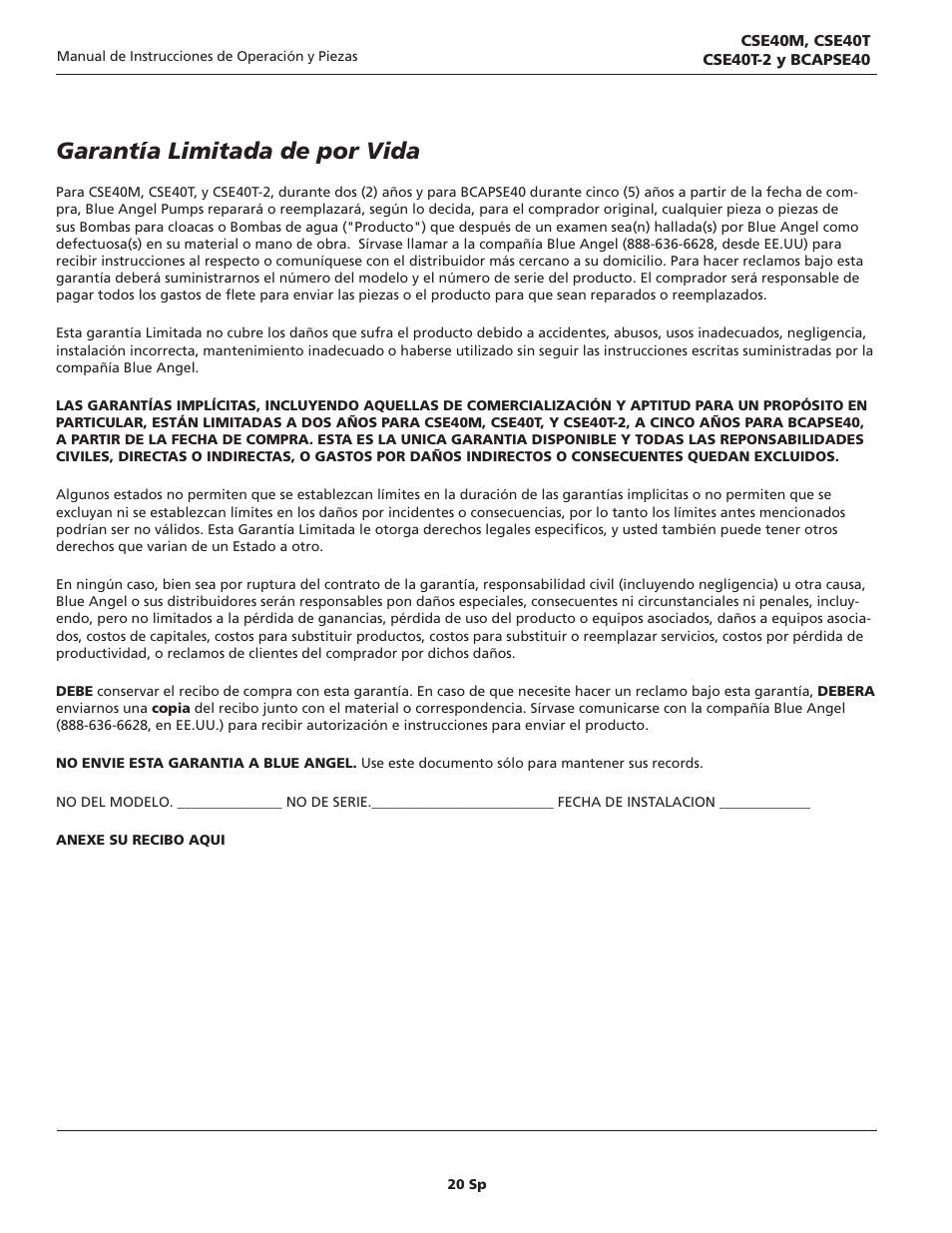 Garantía limitada de por vida | Blue Angel Pumps CSE40TODS User Manual | Page 20 / 20