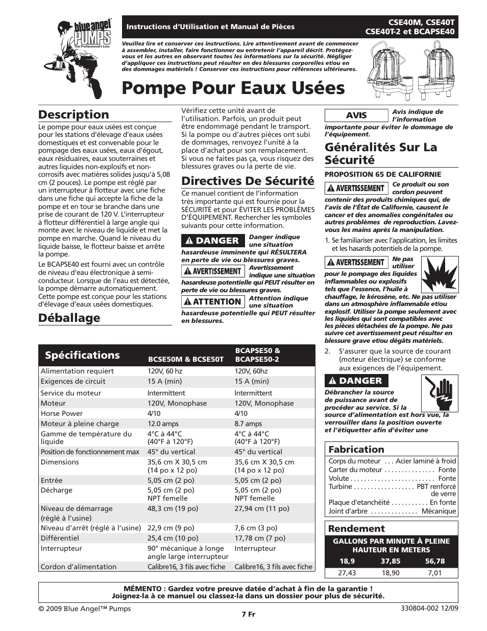 Pompe pour eaux usées, Description, Déballage | Directives de sécurité, Généralités sur la sécurité, Spécifications, Rendement, Fabrication | Blue Angel Pumps CSE40TODS User Manual | Page 7 / 20