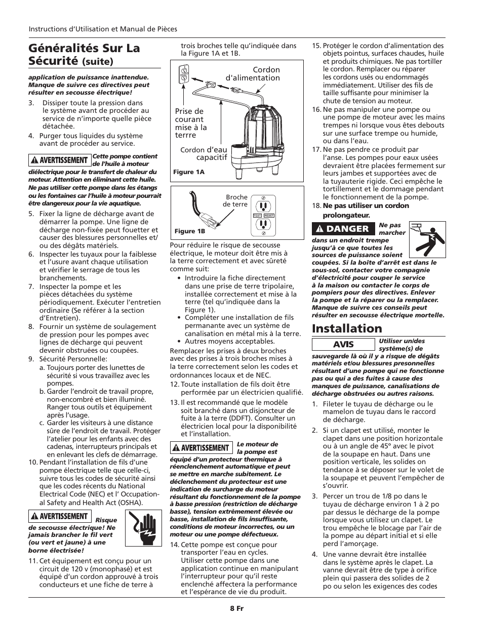 Installation, Généralités sur la sécurité, Suite) | Blue Angel Pumps CSE40TODS User Manual | Page 8 / 20