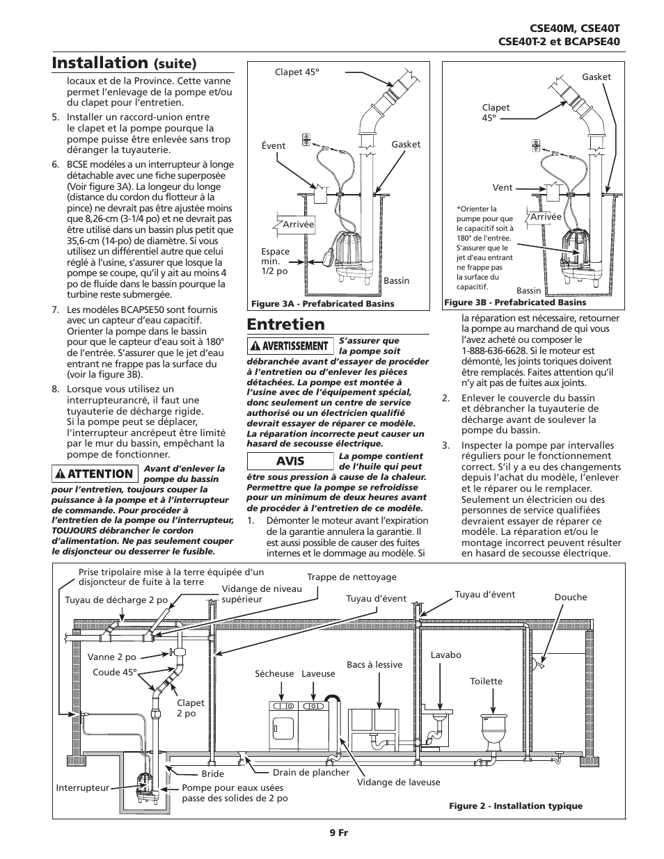 Entretien, Installation, Suite) | Blue Angel Pumps CSE40TODS User Manual | Page 9 / 20