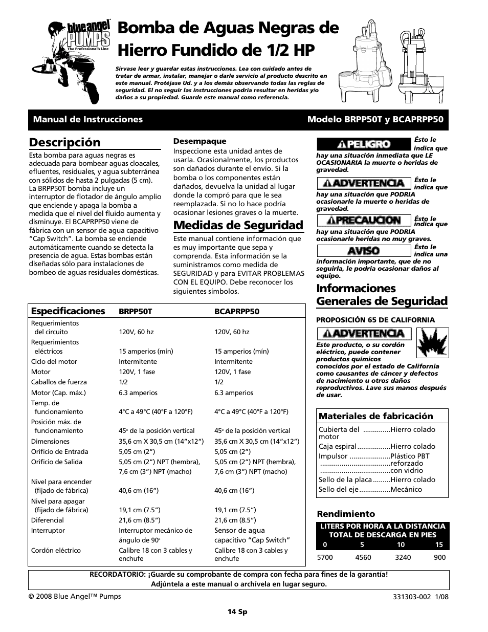 Bomba de aguas negras de hierro fundido de 1/2 hp, Descripción, Medidas de seguridad | Informaciones generales de seguridad, Especificaciones, Manual de instrucciones modelo brpp50t y bcaprpp50, Materiales de fabricación, Rendimiento | Blue Angel Pumps BCAPRPP50 User Manual | Page 14 / 20