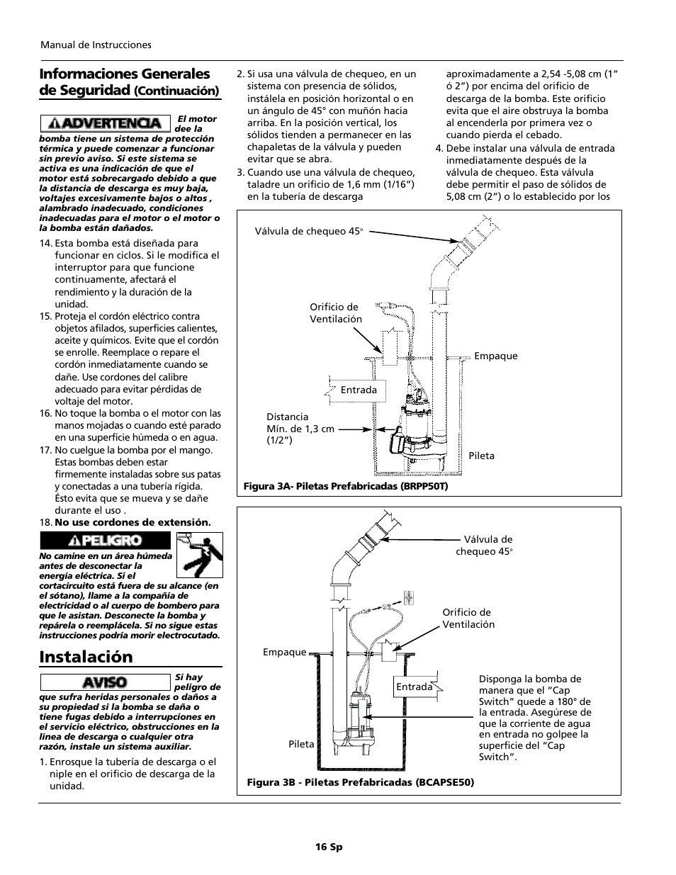 Instalación, Informaciones generales de seguridad | Blue Angel Pumps BCAPRPP50 User Manual | Page 16 / 20