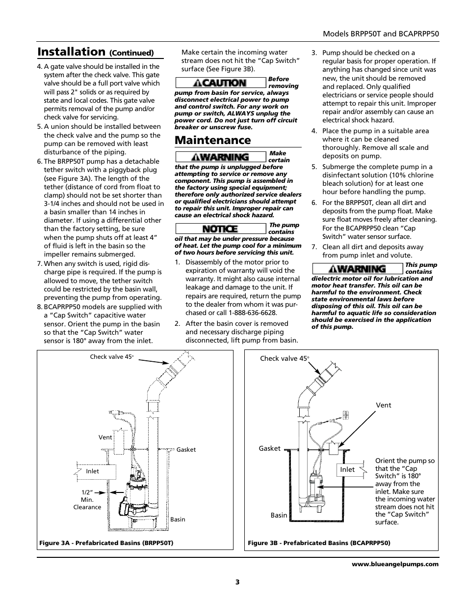 Maintenance, Installation | Blue Angel Pumps BCAPRPP50 User Manual | Page 3 / 20