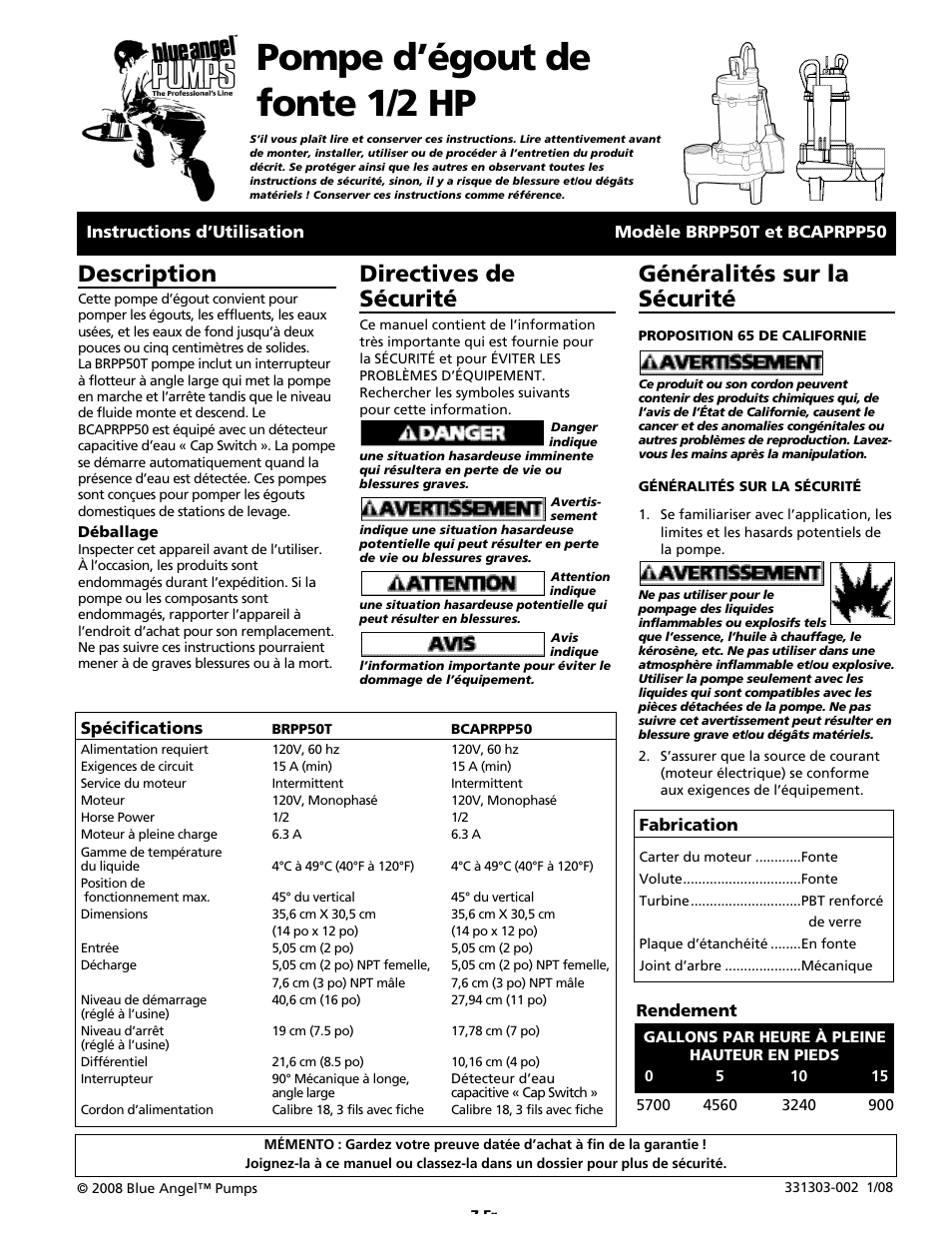 Pompe d’égout de fonte 1/2 hp, Description, Directives de sécurité | Généralités sur la sécurité | Blue Angel Pumps BCAPRPP50 User Manual | Page 7 / 20