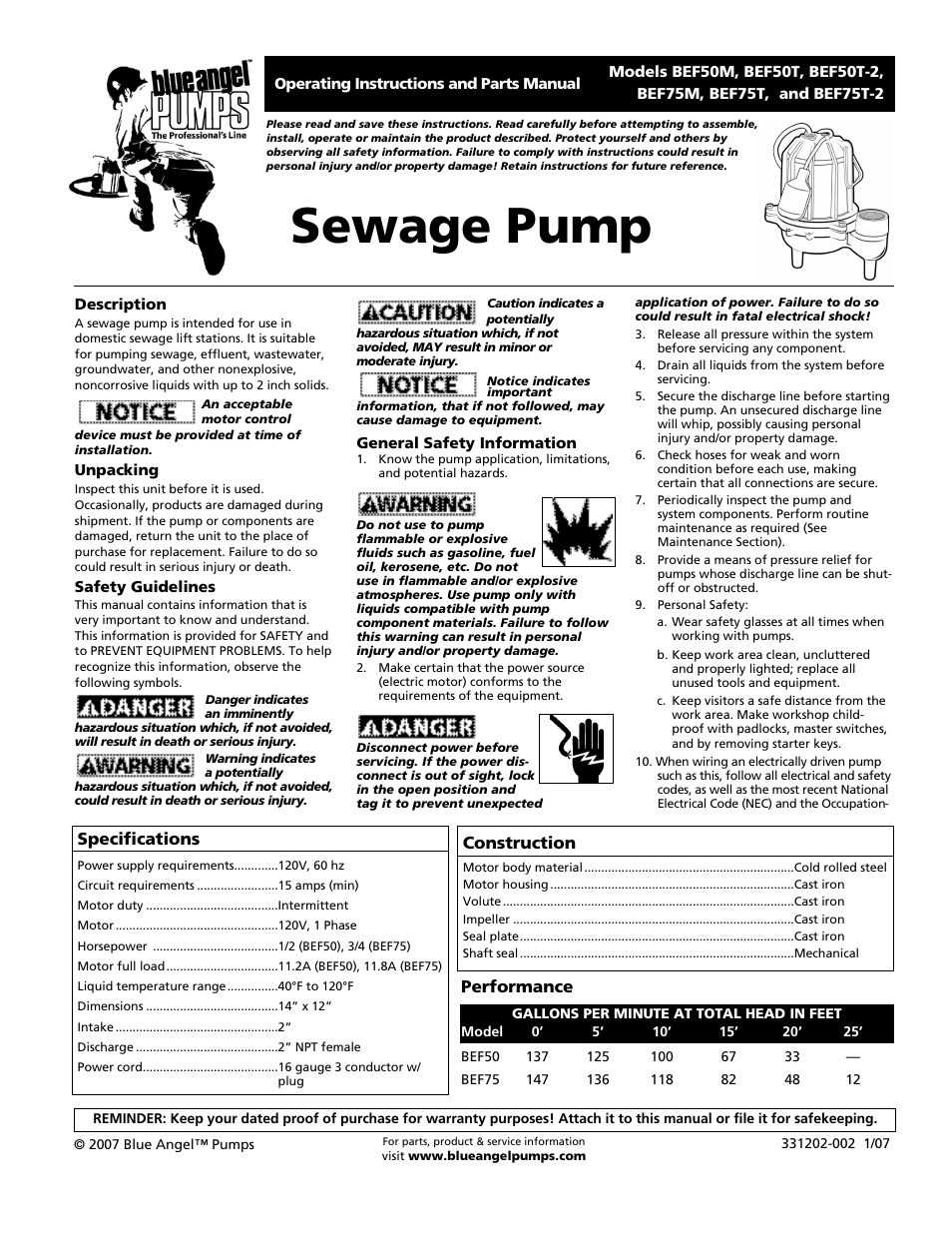 Blue Angel Pumps BEF75T-2 User Manual | 4 pages