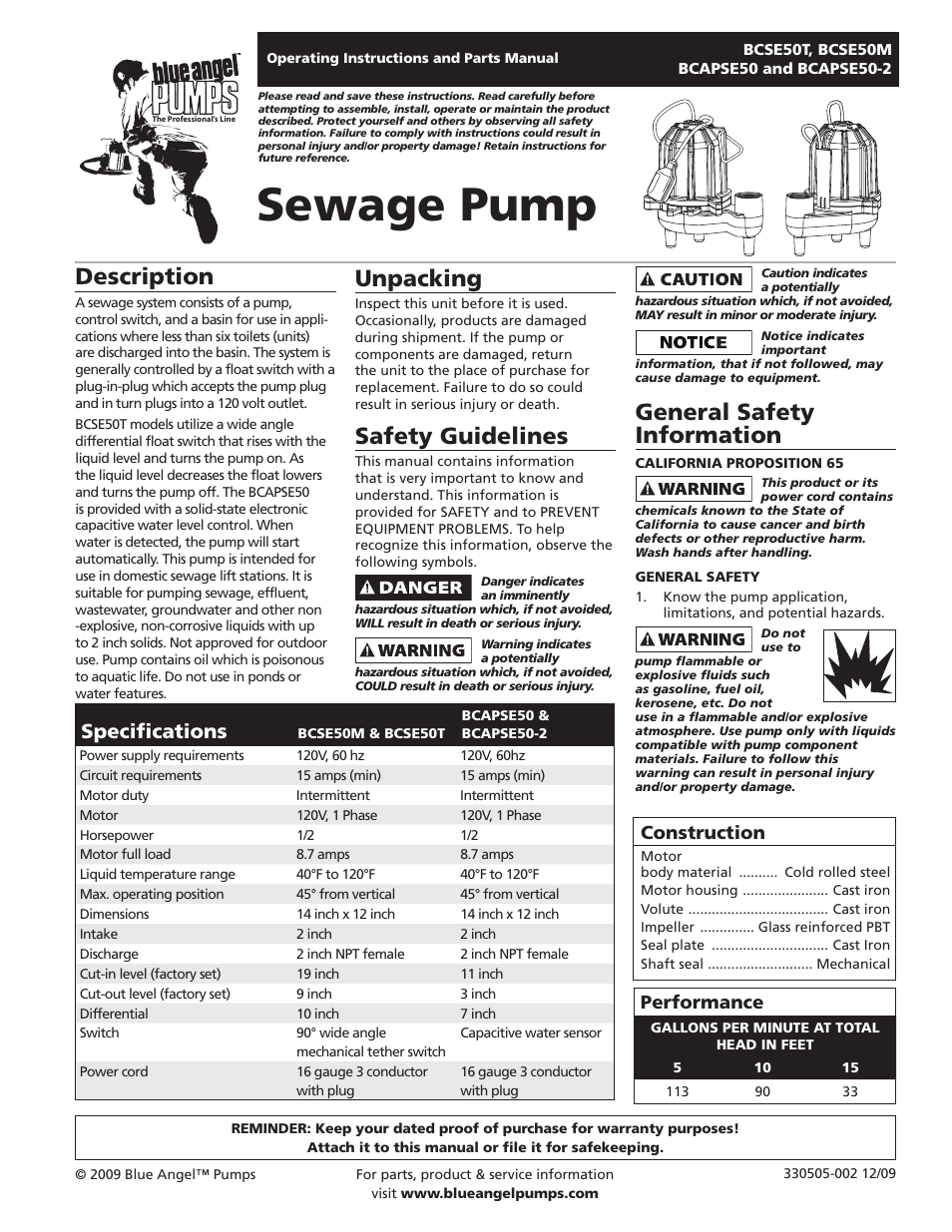 Blue Angel Pumps BCAPSE50ODS User Manual | 20 pages