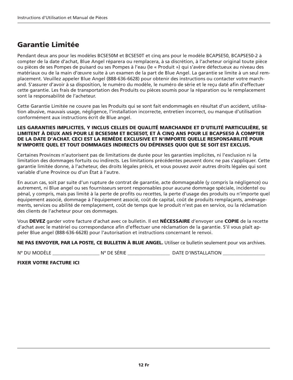 Garantie limitée | Blue Angel Pumps BCAPSE50ODS User Manual | Page 12 / 20