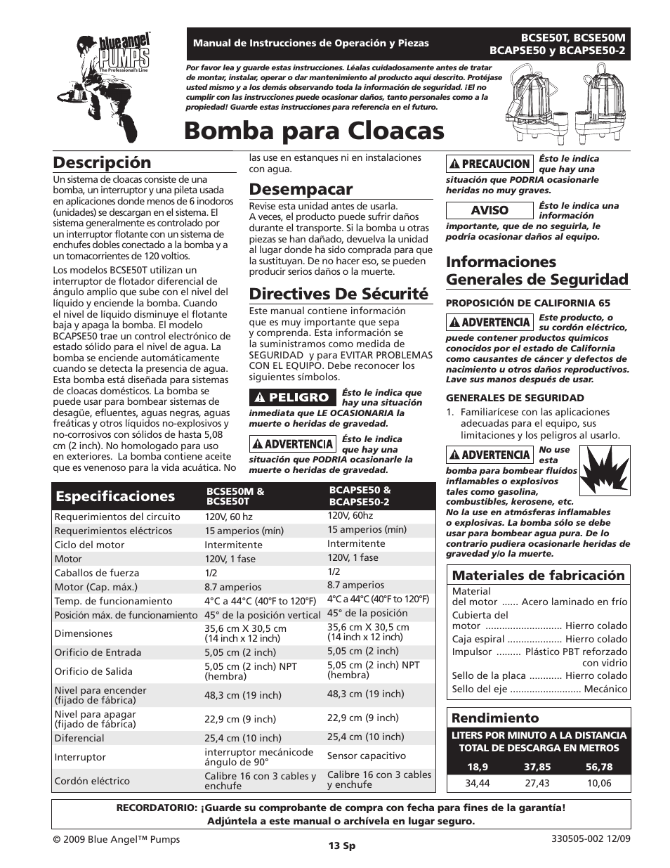 Bomba para cloacas, Descripción, Desempacar | Directives de sécurité, Informaciones generales de seguridad, Especificaciones, Rendimiento, Materiales de fabricación | Blue Angel Pumps BCAPSE50ODS User Manual | Page 13 / 20