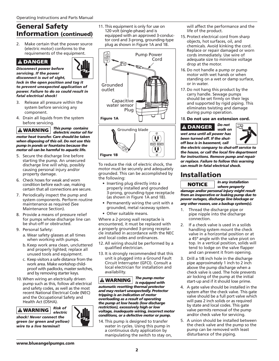 Installation, General safety information, Continued) | Blue Angel Pumps BCAPSE50ODS User Manual | Page 2 / 20