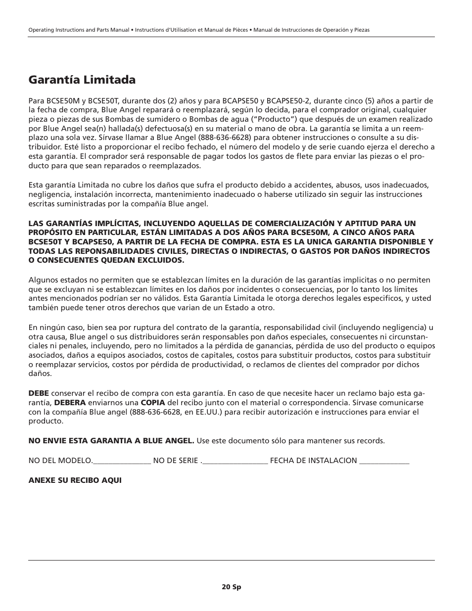 Garantía limitada | Blue Angel Pumps BCAPSE50ODS User Manual | Page 20 / 20