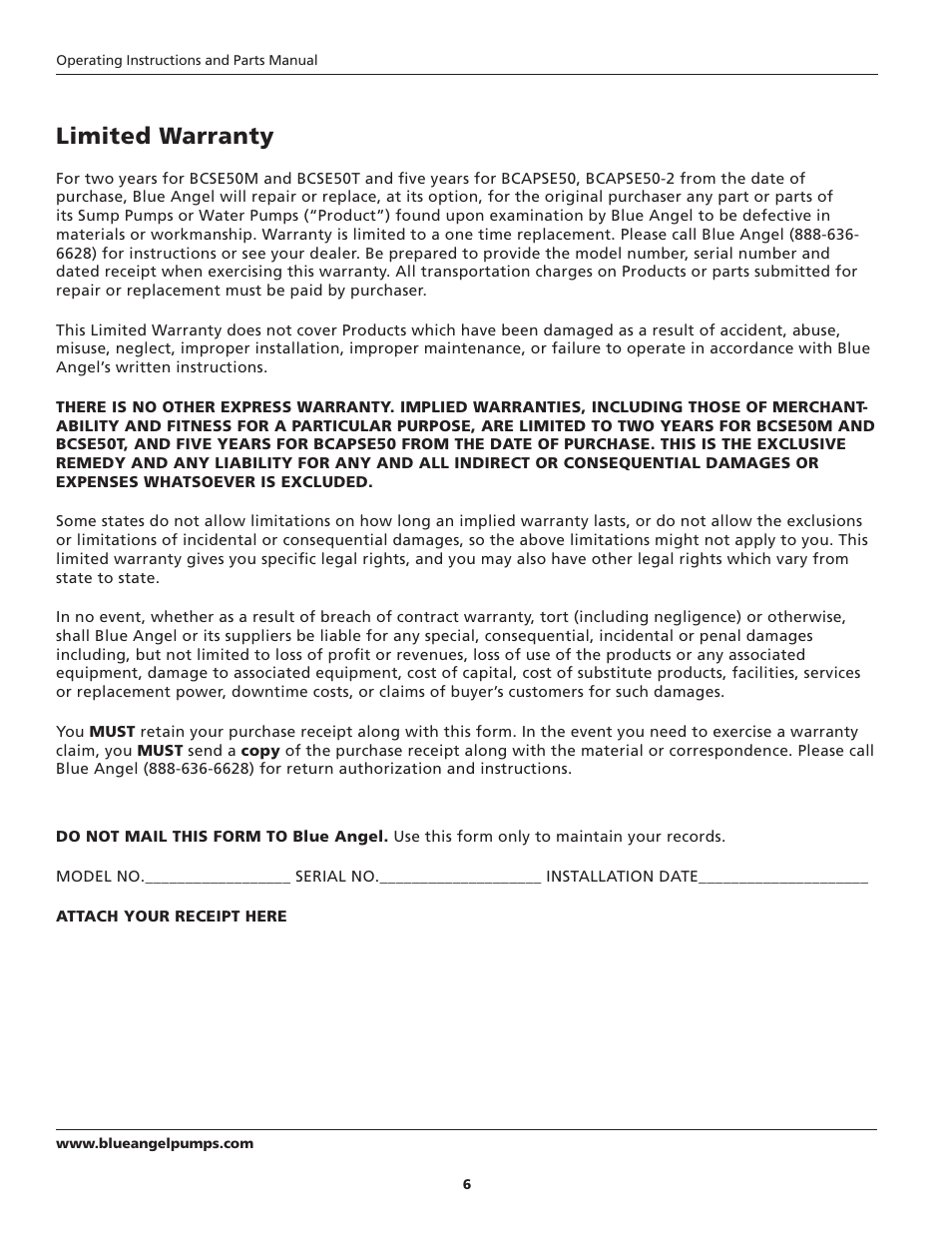 Limited warranty | Blue Angel Pumps BCAPSE50ODS User Manual | Page 6 / 20