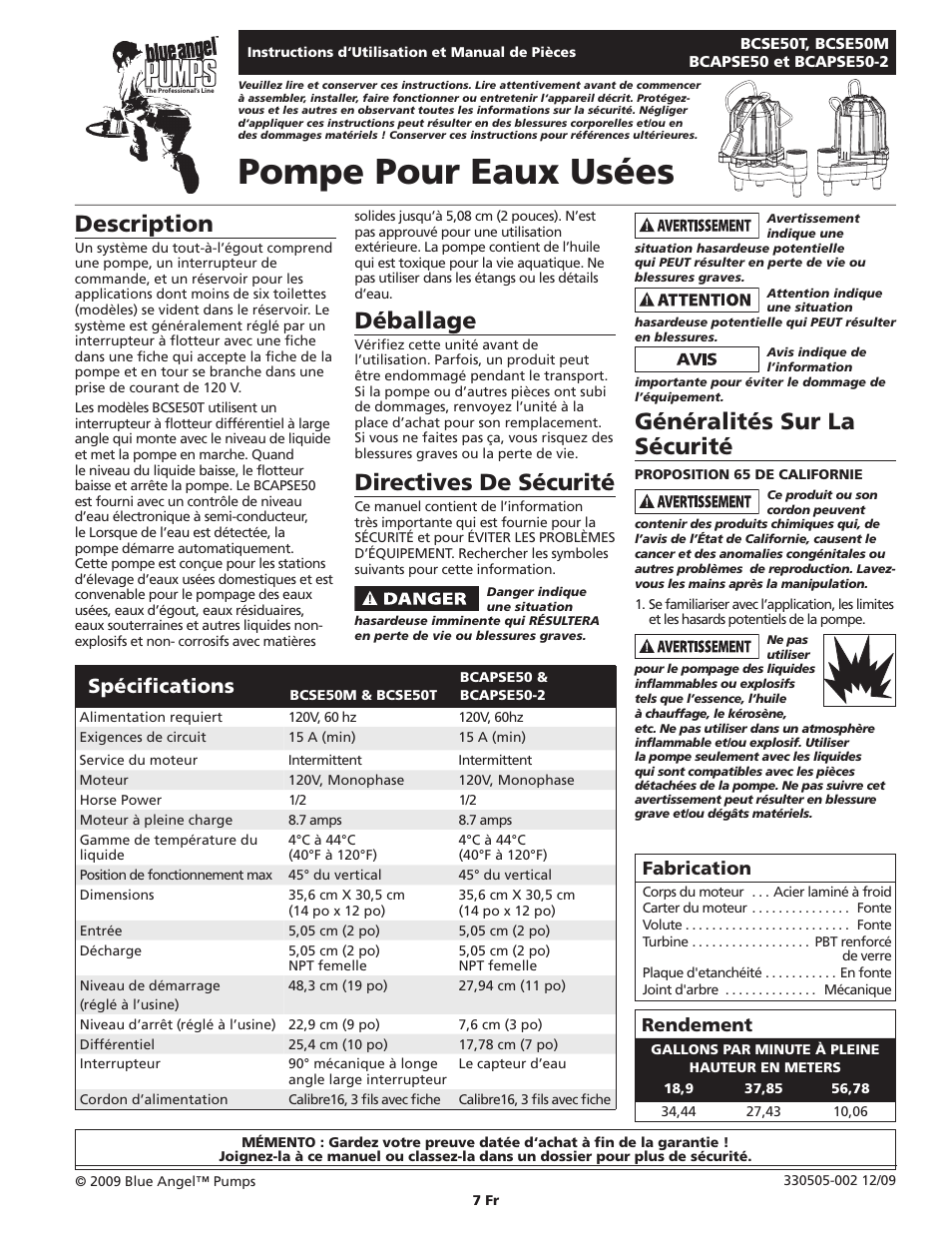 Pompe pour eaux usées, Description, Déballage | Directives de sécurité, Généralités sur la sécurité, Spécifications, Rendement, Fabrication | Blue Angel Pumps BCAPSE50ODS User Manual | Page 7 / 20