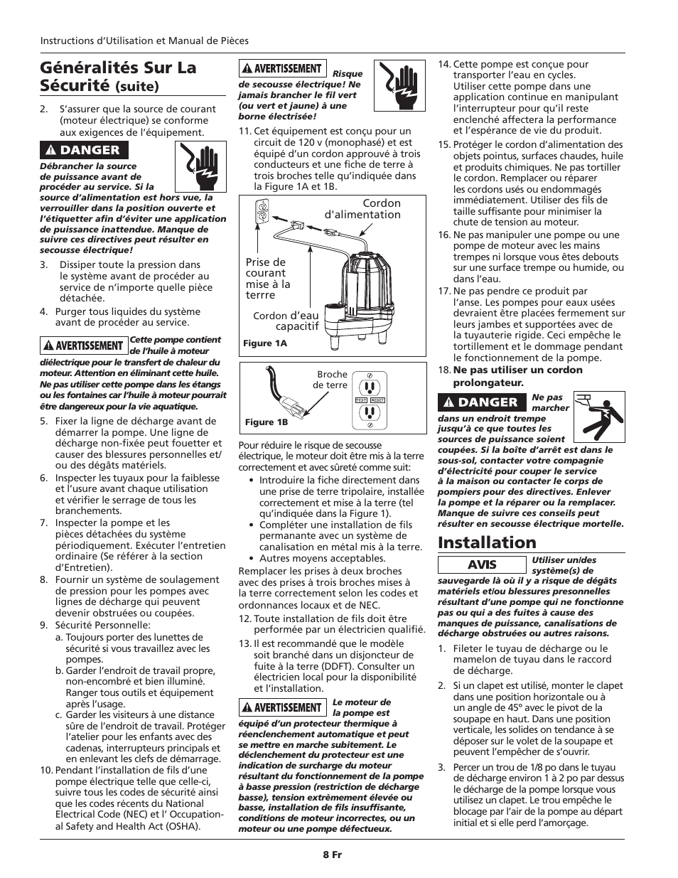 Installation, Généralités sur la sécurité, Suite) | Blue Angel Pumps BCAPSE50ODS User Manual | Page 8 / 20