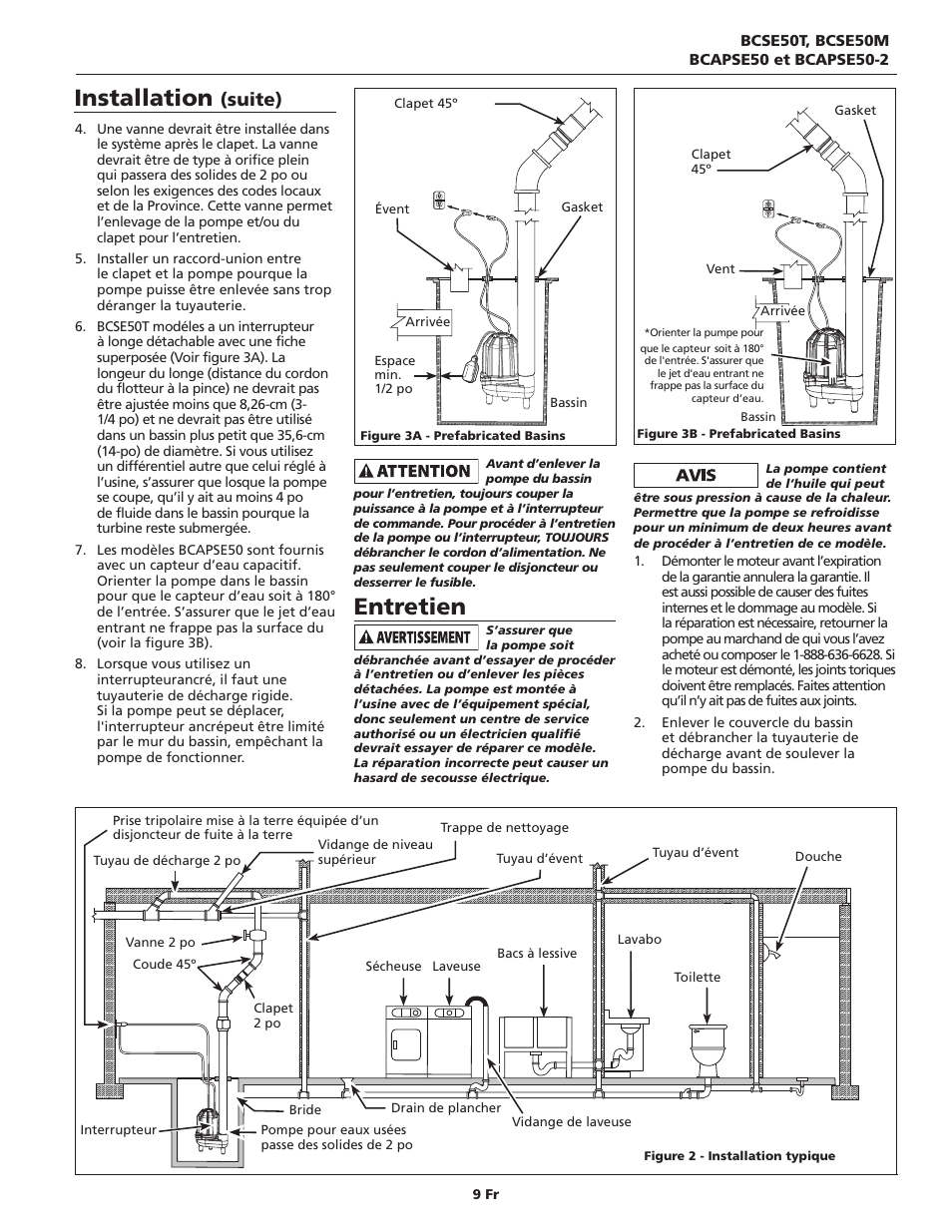 Entretien, Installation, Suite) | Blue Angel Pumps BCAPSE50ODS User Manual | Page 9 / 20