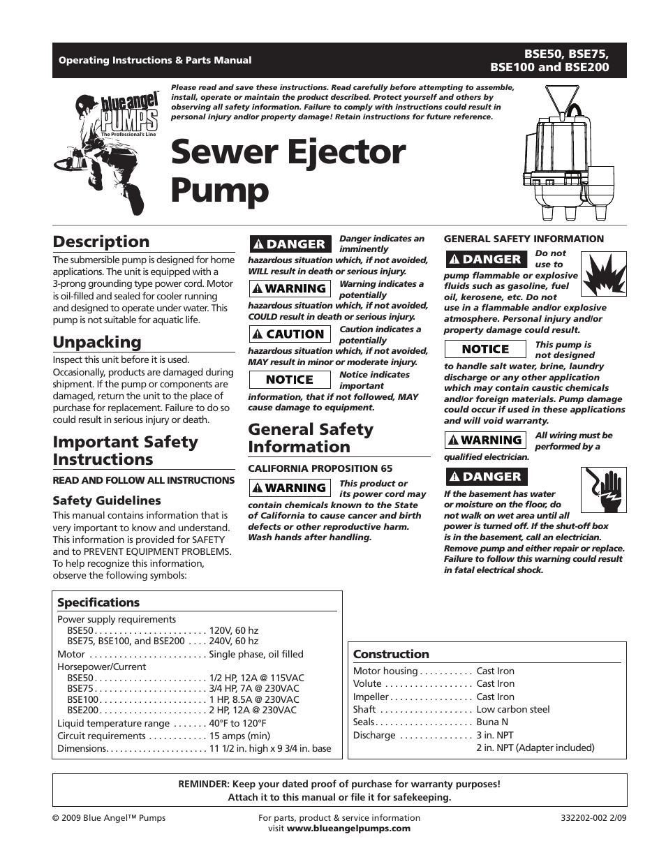 Blue Angel Pumps BSE200 User Manual | 8 pages