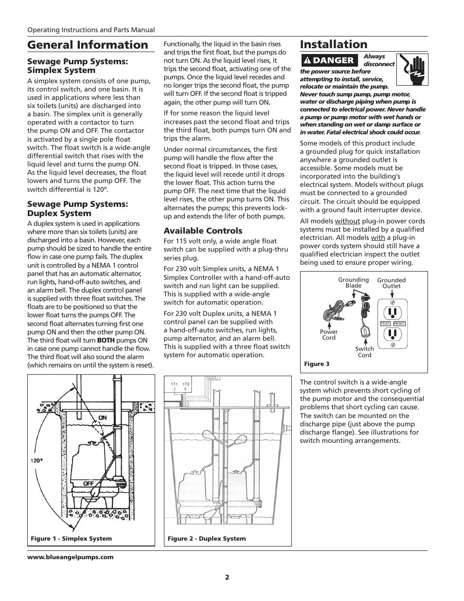 General information, Installation, Sewage pump systems: simplex system | Sewage pump systems: duplex system, Available controls | Blue Angel Pumps BSE200 User Manual | Page 2 / 8