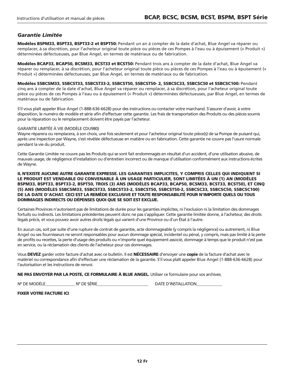 Bcap, bcsc, bcsm, bcst, bspm, bspt série | Blue Angel Pumps BCST50 User Manual | Page 12 / 20