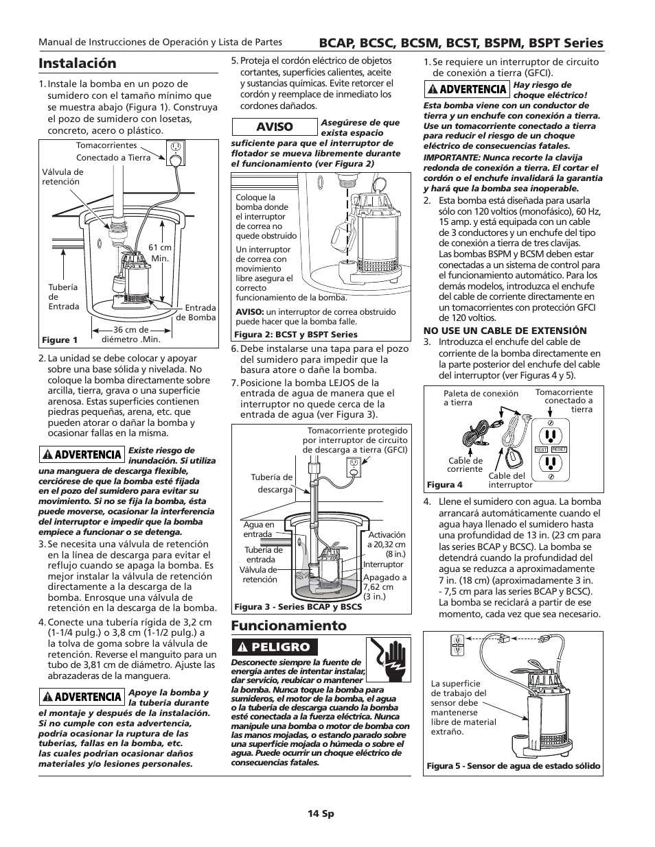 Funcionamiento, Instalación, Bcap, bcsc, bcsm, bcst, bspm, bspt series | Blue Angel Pumps BCST50 User Manual | Page 14 / 20