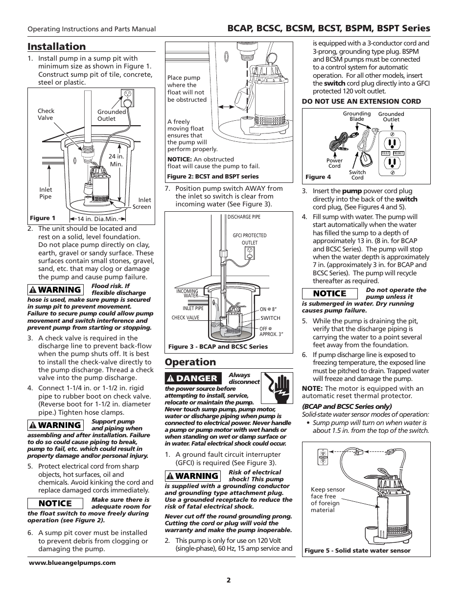 Installation, Operation, Bcap, bcsc, bcsm, bcst, bspm, bspt series | Blue Angel Pumps BCST50 User Manual | Page 2 / 20