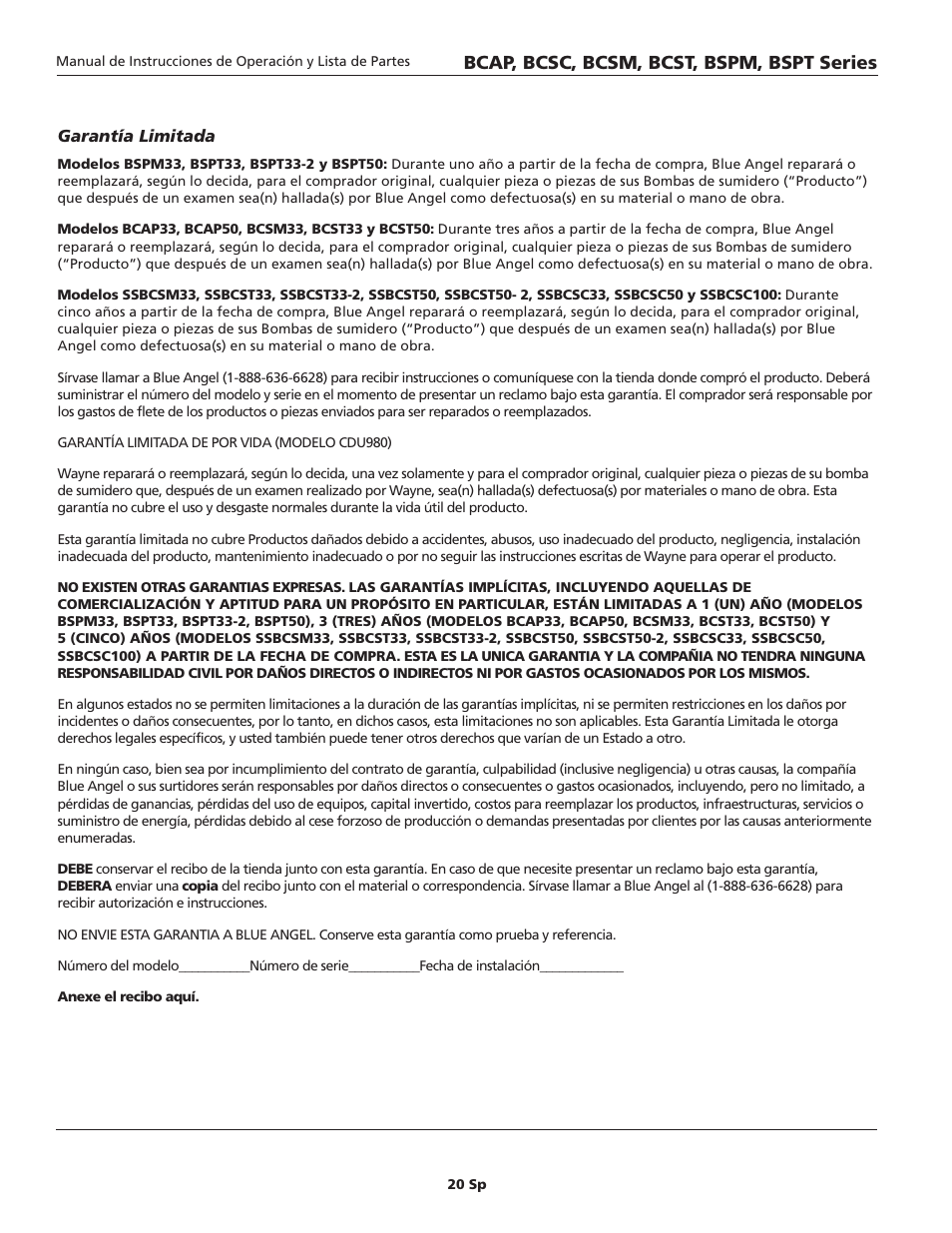 Bcap, bcsc, bcsm, bcst, bspm, bspt series | Blue Angel Pumps BCST50 User Manual | Page 20 / 20