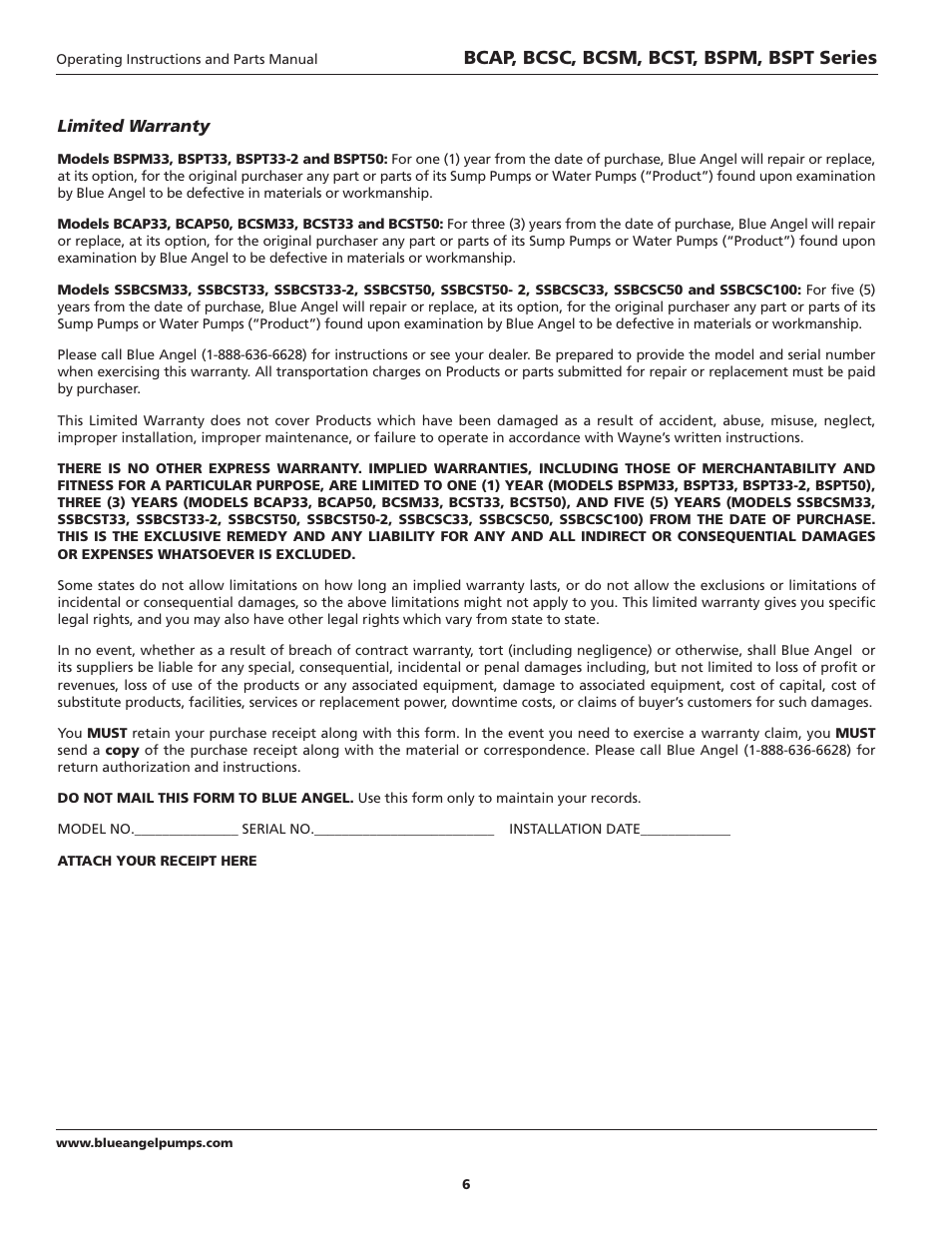 Bcap, bcsc, bcsm, bcst, bspm, bspt series | Blue Angel Pumps BCST50 User Manual | Page 6 / 20