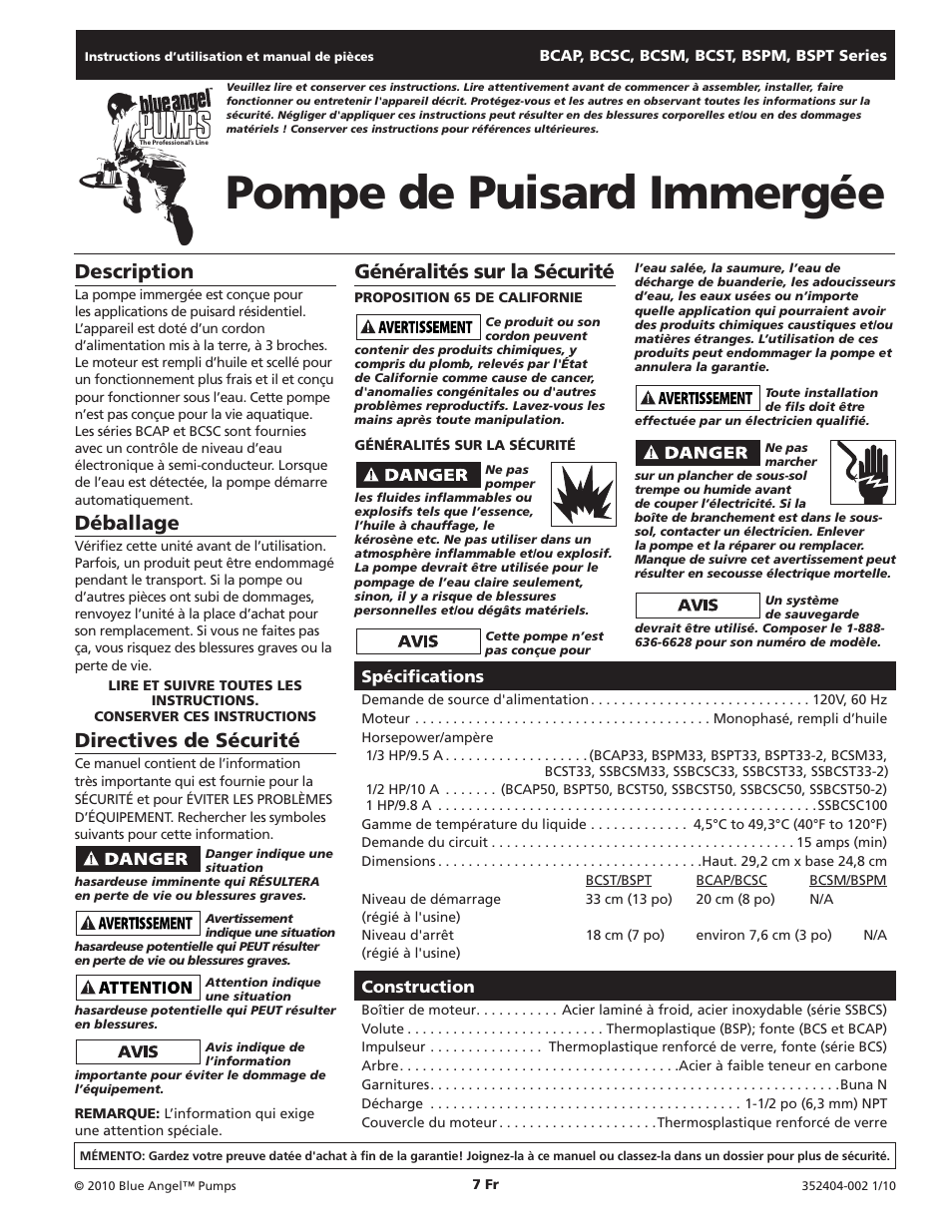 Pompe de puisard immergée, Généralités sur la sécurité, Description | Déballage, Directives de sécurité | Blue Angel Pumps BCST50 User Manual | Page 7 / 20