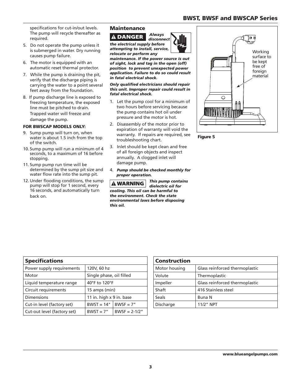 Bwst, bwsf and bwscap series | Blue Angel Pumps BWST50 User Manual | Page 3 / 20