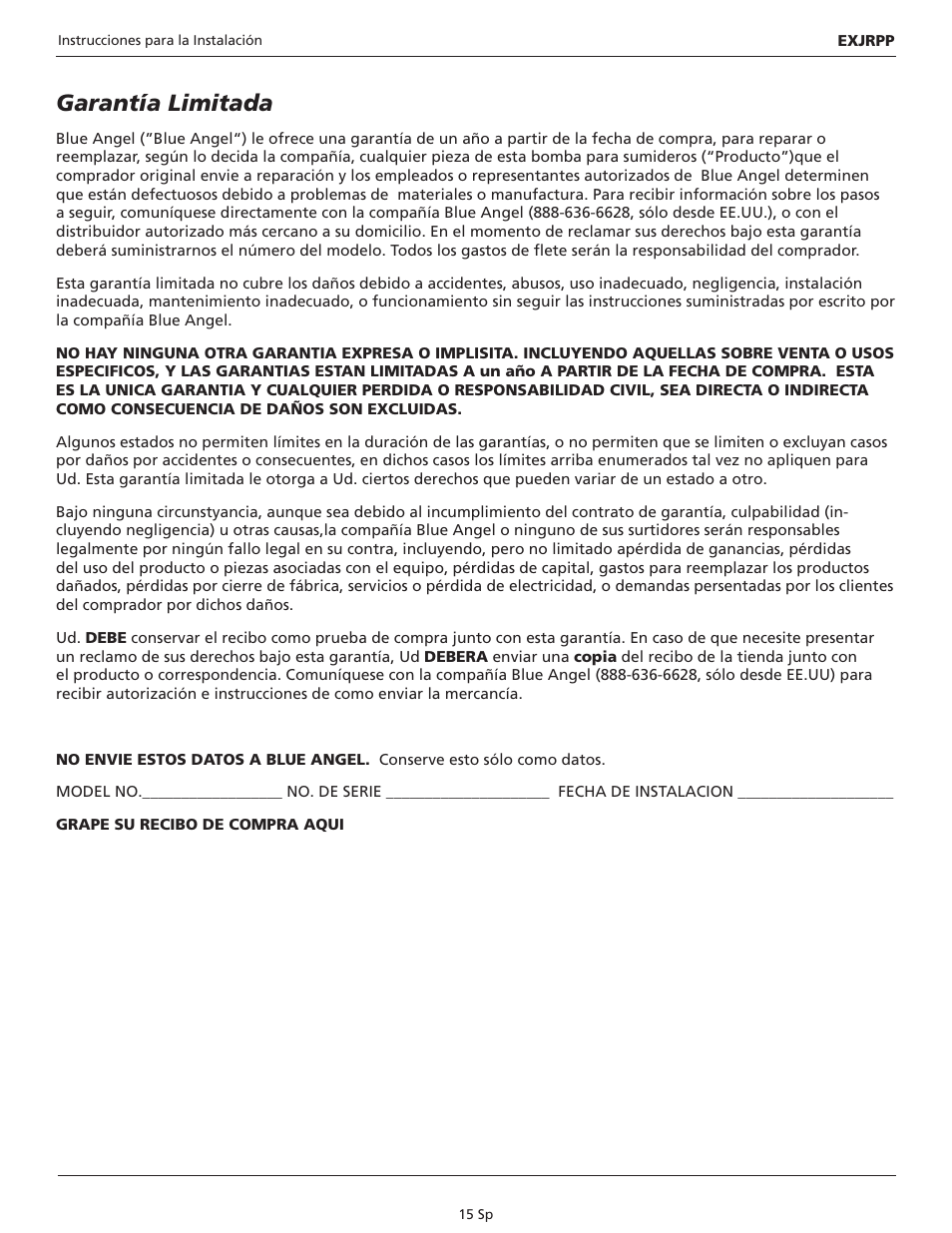 Garantía limitada | Blue Angel Pumps BEZJRPP50 User Manual | Page 15 / 16