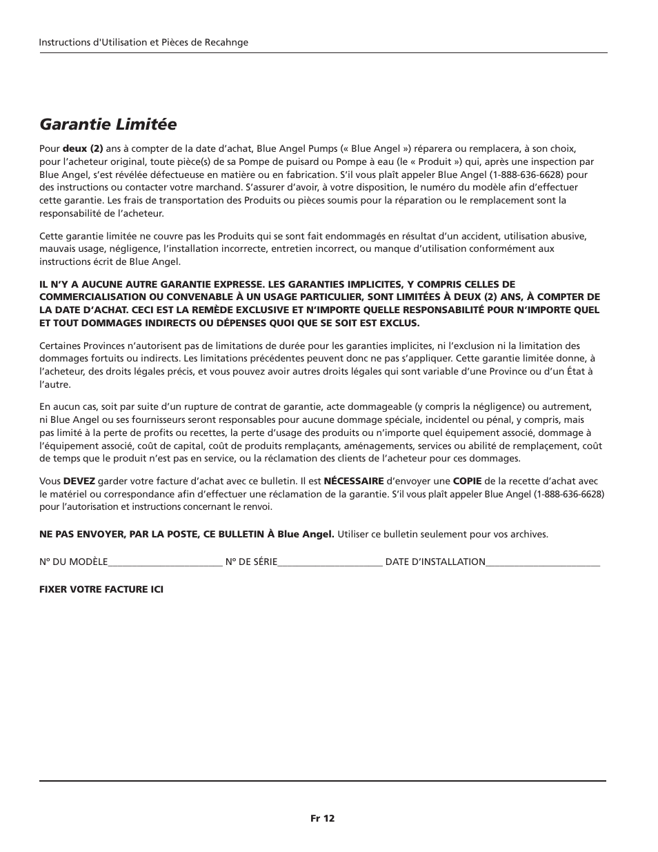 Garantie limitée | Blue Angel Pumps SYBL30 User Manual | Page 12 / 20