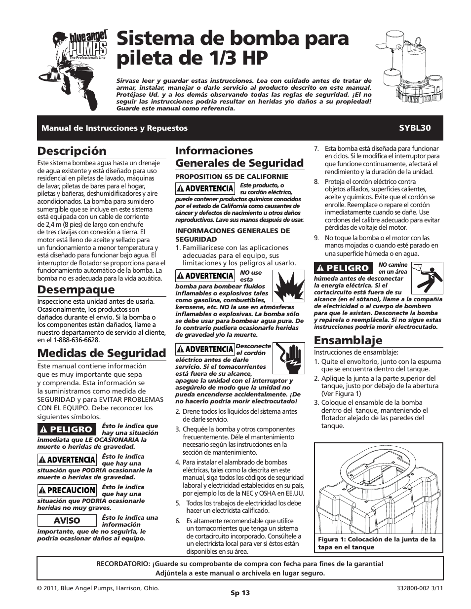 Sistema de bomba para pileta de 1/3 hp, Descripción, Desempaque | Medidas de seguridad, Ensamblaje, Informaciones generales de seguridad | Blue Angel Pumps SYBL30 User Manual | Page 13 / 20