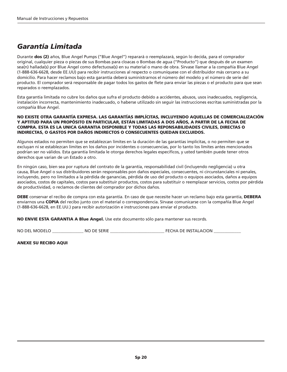 Garantía limitada | Blue Angel Pumps SYBL30 User Manual | Page 20 / 20