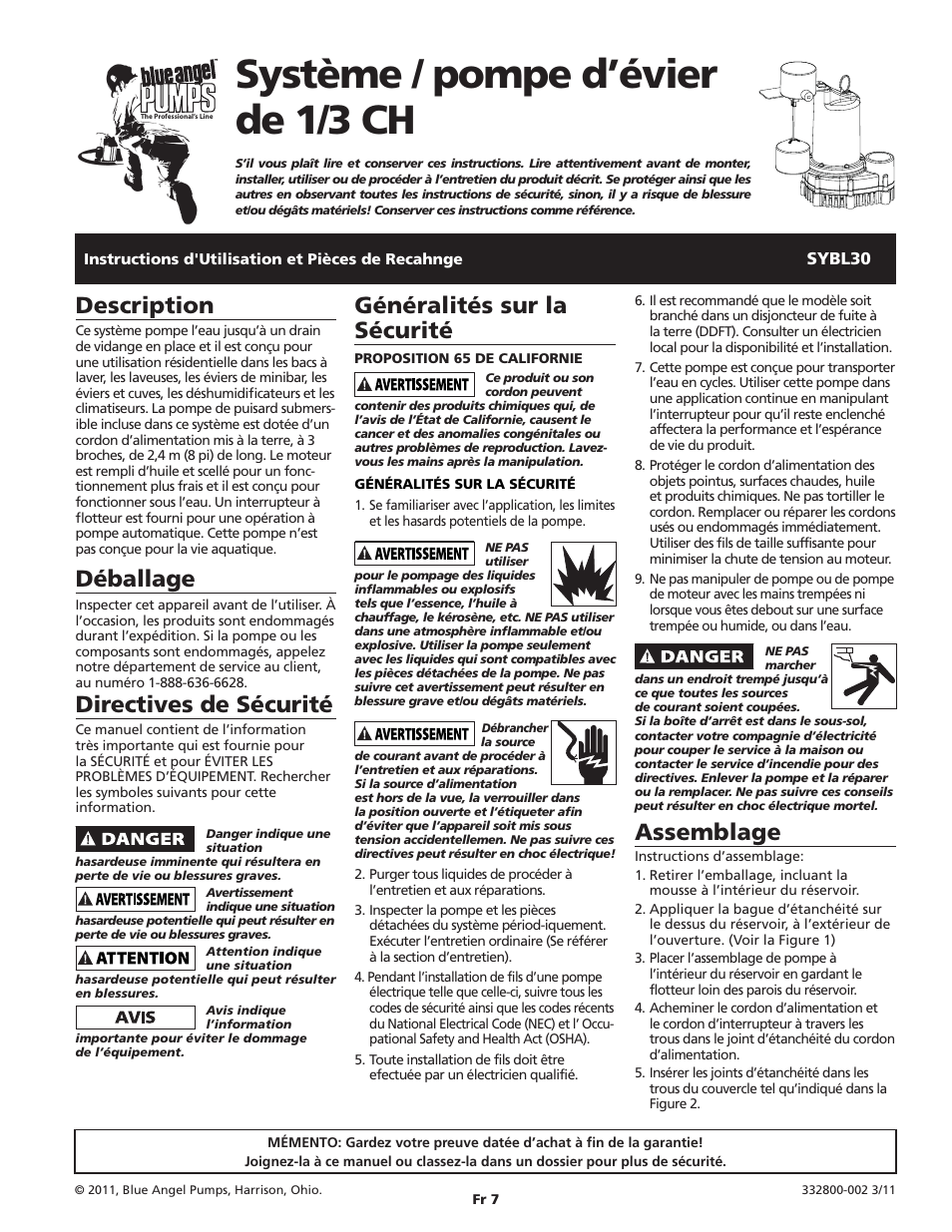 Système / pompe d’évier de 1/3 ch, Description, Déballage | Directives de sécurité, Assemblage, Généralités sur la sécurité | Blue Angel Pumps SYBL30 User Manual | Page 7 / 20