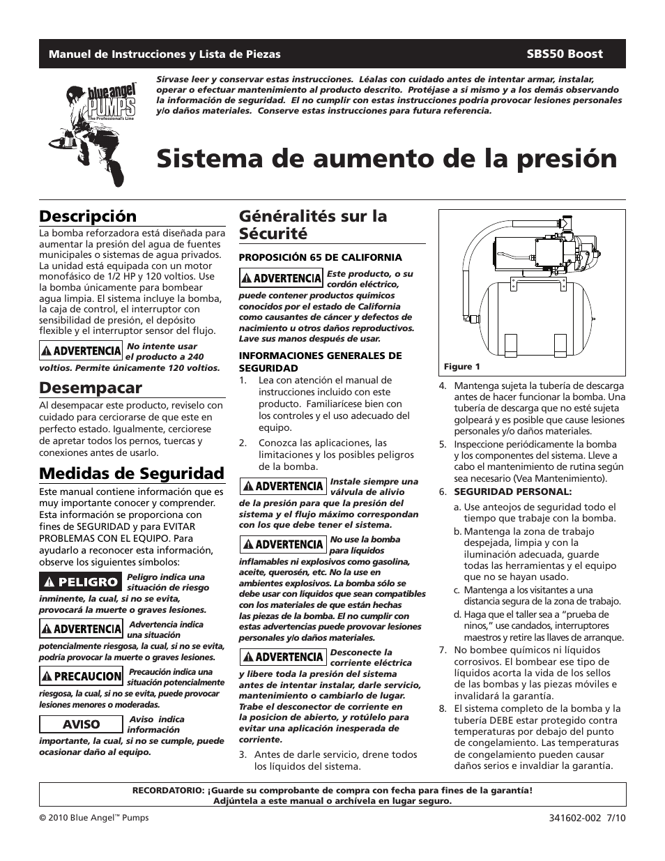 Sistema de aumento de la presión, Descripción, Desempacar | Medidas de seguridad, Généralités sur la sécurité | Blue Angel Pumps SBS50BOOST User Manual | Page 17 / 24