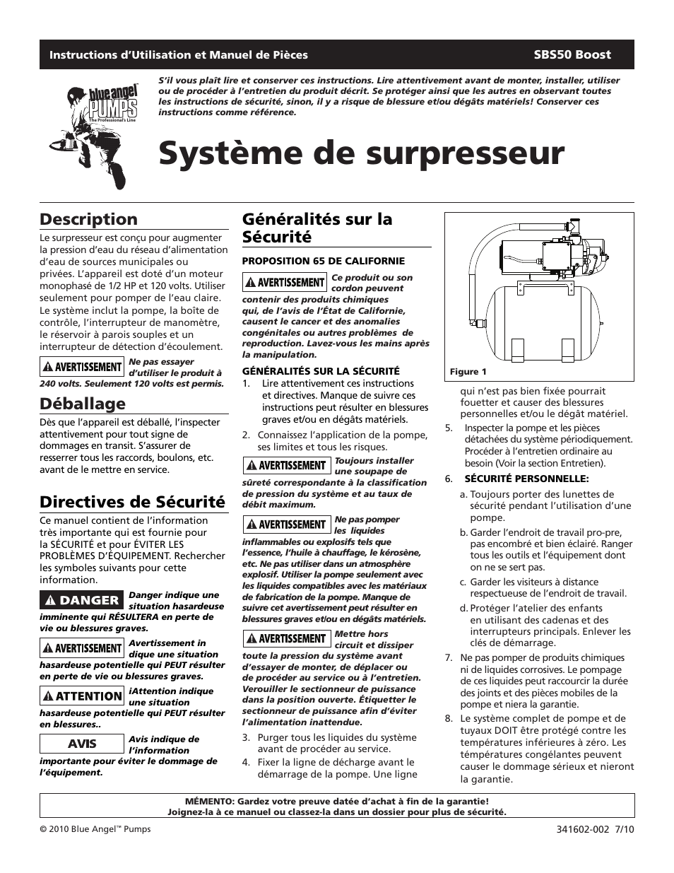 Système de surpresseur, Description, Déballage | Directives de sécurité, Généralités sur la sécurité | Blue Angel Pumps SBS50BOOST User Manual | Page 9 / 24