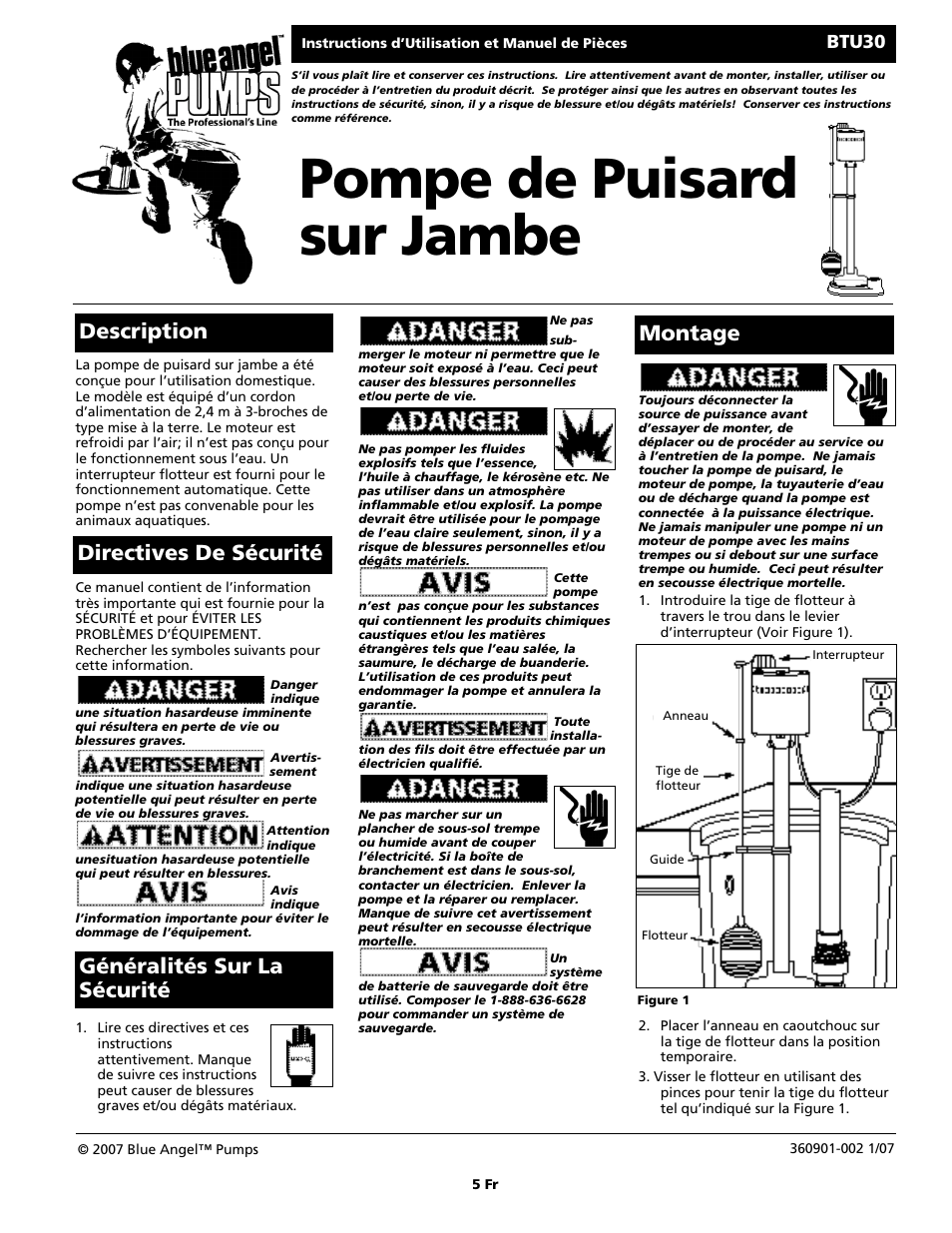 Pompe de puisard sur jambe, Btu30 | Blue Angel Pumps BTU30 User Manual | Page 5 / 12