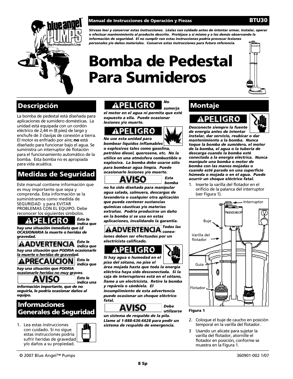 Bomba de pedestal para sumideros, Btu30 | Blue Angel Pumps BTU30 User Manual | Page 8 / 12