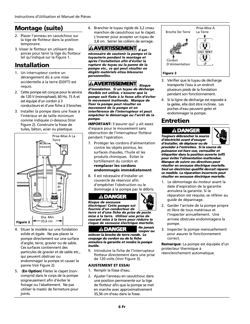 Installation, Entretien, Montage (suite) | Blue Angel Pumps CBP33 User Manual | Page 6 / 12